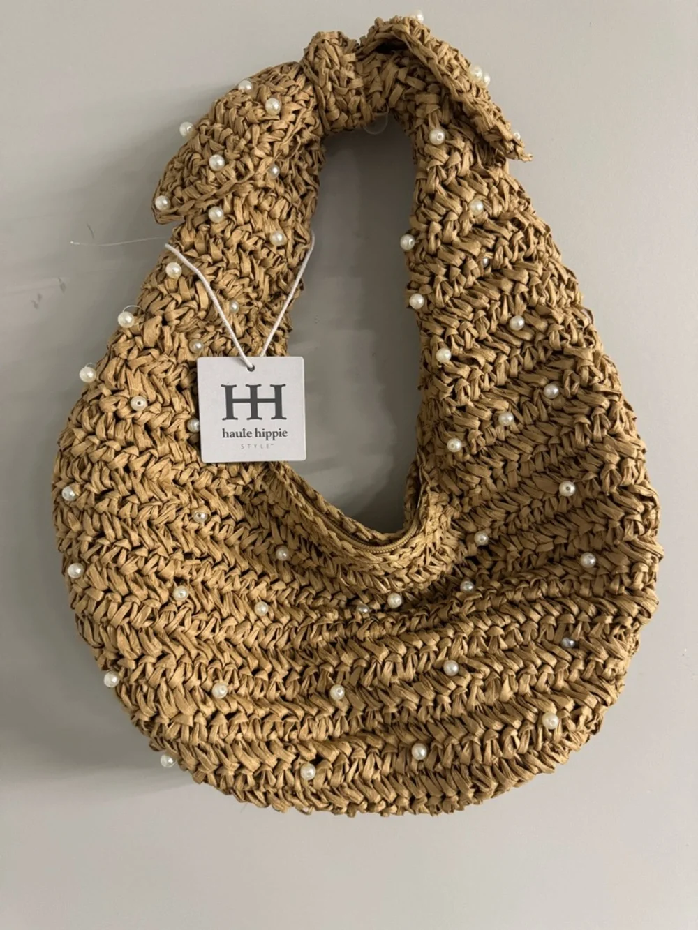 Haute Hippie Tan Woven Pearl-Embellished Hobo Bag